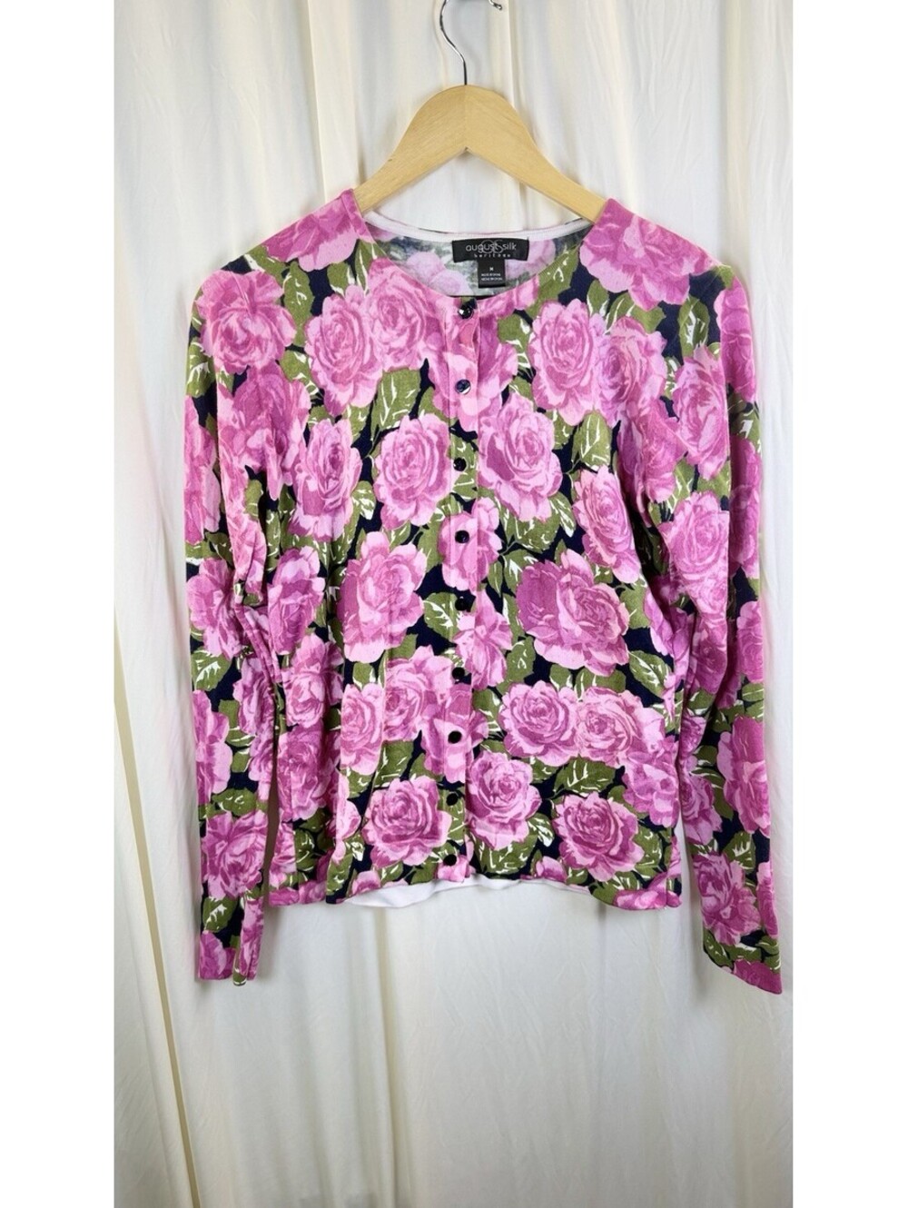 August Silk Heritage Graphic Pink Rose Floral Stretch Knit Cardigan Sz M Pretty